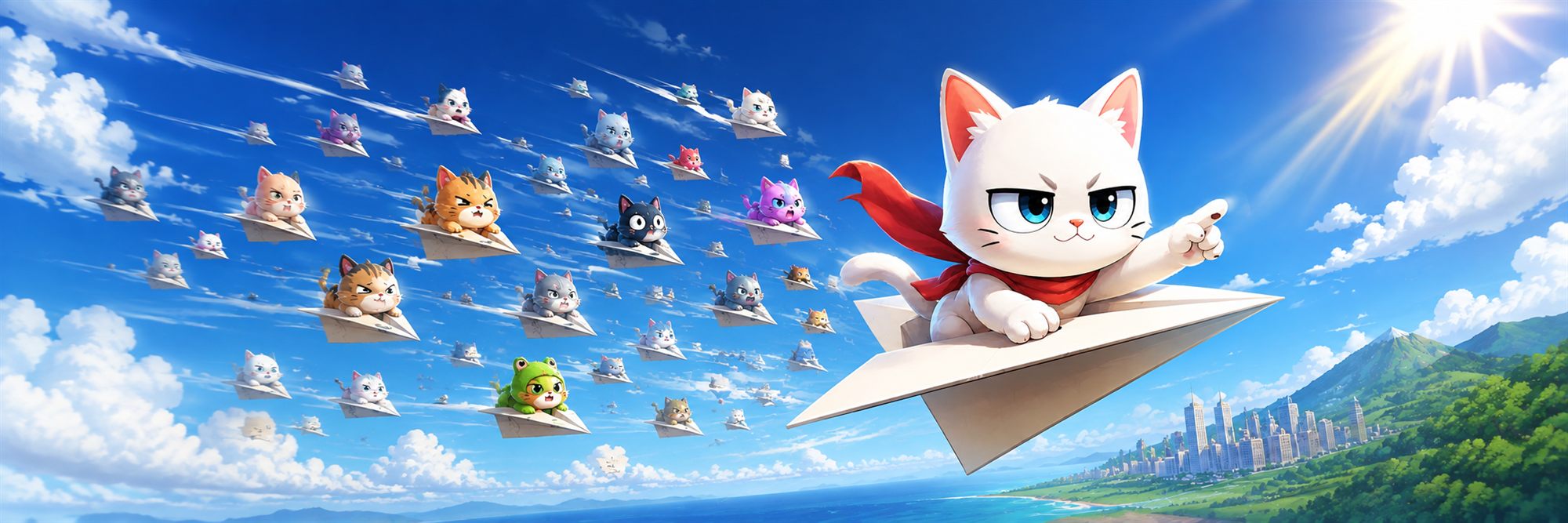 A vast squadron of cats flying paper aeroplanes over a coastline, led by MEW in a red scarf